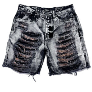 BoohooMAN Relaxed‎ Rigid Extreme Ripped Tinted Denim Jorts In Mid Grey Size 30